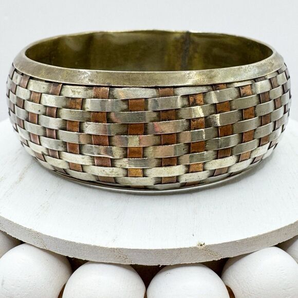Vtg Woven Mixed Metal Brass Chunky Bangle Bracelet Boho Bohemian Copper Silver - Picture 2 of 13